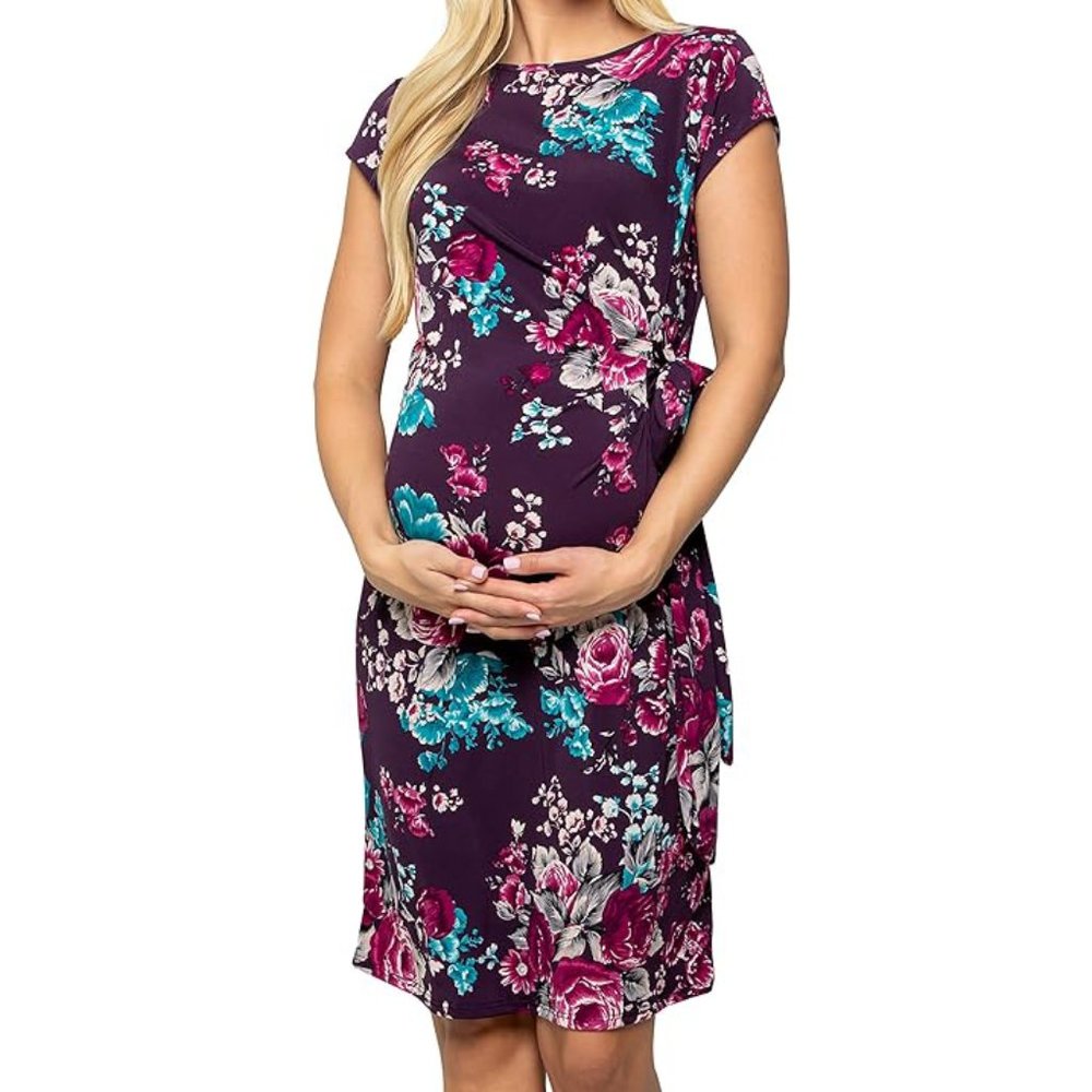 My Bump Women's Side Bow Tie Pattern Cap Sleeve Maternity Dress